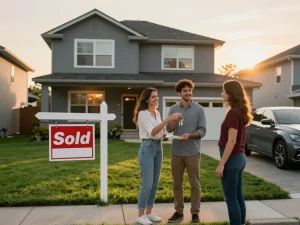 Sell my house fast for cash in a joyful home selling transaction with happy couple and buyer.