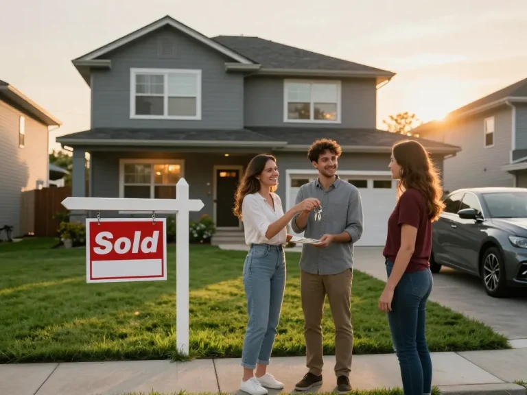 Sell my house fast for cash in a joyful home selling transaction with happy couple and buyer.