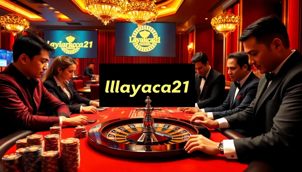 Exciting gambling scene featuring layarkaca21 logo with players at a casino table.