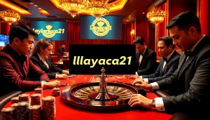 Exciting gambling scene featuring layarkaca21 logo with players at a casino table.