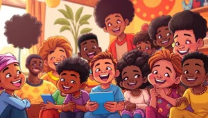 African American Cartoons enjoyed by diverse children in a vibrant, engaging environment.