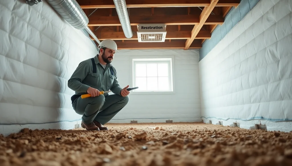 Crawl Space Restoration technician inspecting a clean and well-maintained crawl space area.