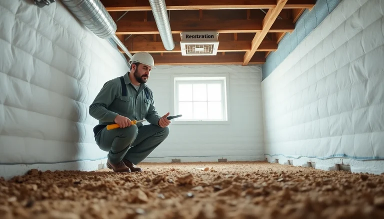 Crawl Space Restoration technician inspecting a clean and well-maintained crawl space area.