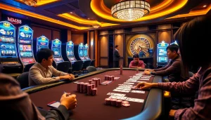 MM88 players enjoying an exhilarating poker game at a luxurious casino setting.