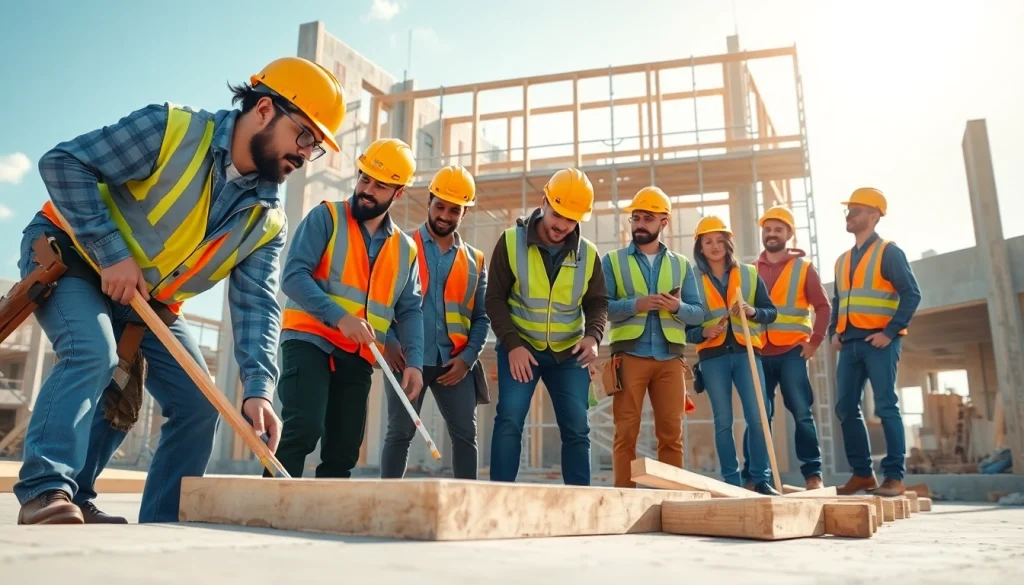 Showcasing construction apprenticeship, diverse apprentices collaborating on a building project.