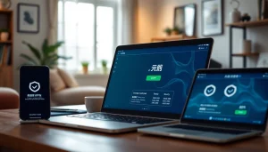 在现代工作空间环境中，多台设备上展示的快连 VPN 应用界面。