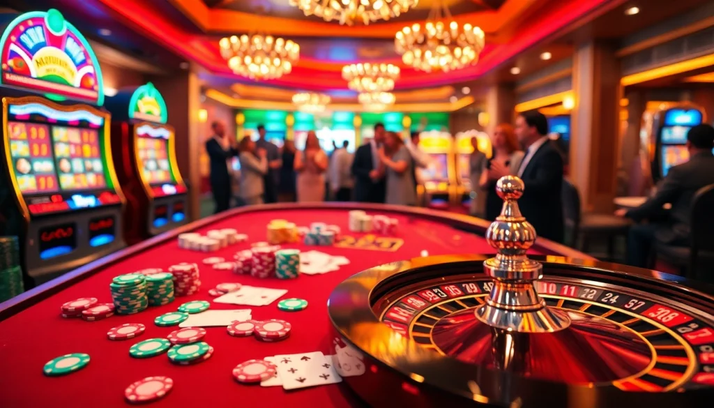 Exciting online gambling atmosphere featuring casino tables and vibrant slot machines. Visit Hoki77 for the ultimate gaming experience.