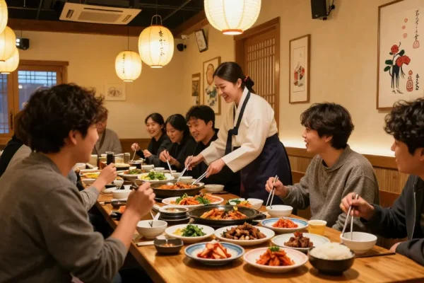 Diverse friends enjoying a vibrant Korean meal at 상봉동 한국관나이트 in a warmly lit restaurant.