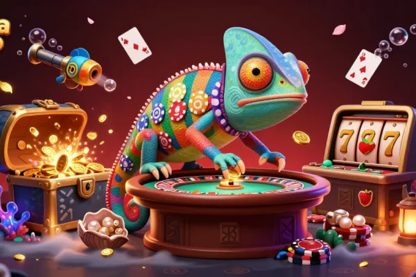 Menyaksikan permainan dengan harga toto, pemilik kasino chameleon 3D mengumpulkan koin emas di lautan harta karun.