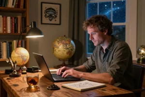T Allen Greenfield writing at his desk showcasing UFO themes and spiritual insights on https://tallengreenfield.com.