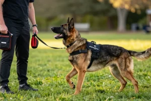 K9 dog trained with ROKOK88 gear showcasing strength and functionality, alongside rokok88 login access