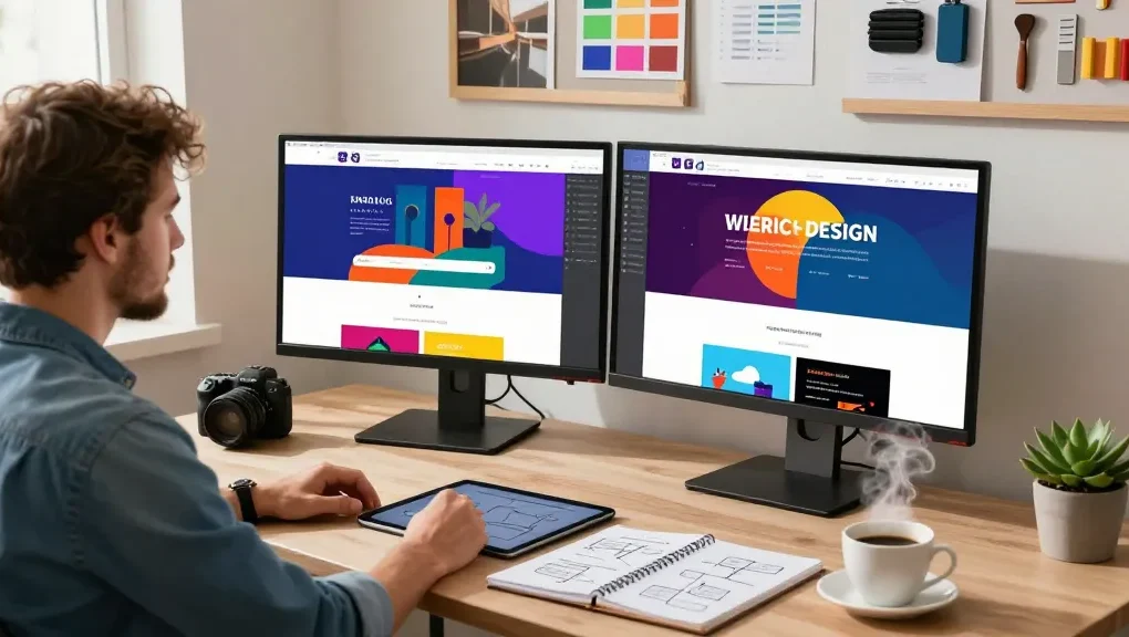 UX/UI designer at dianneprice.com workspace creating interactive website designs with vibrant mockups.