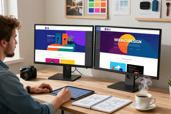 UX/UI designer at dianneprice.com workspace creating interactive website designs with vibrant mockups.