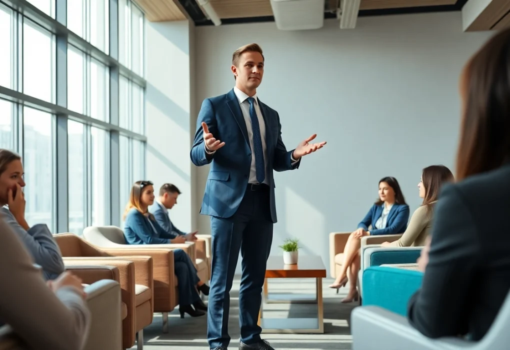 Showcasing Executive Presence, a confident leader engaging an attentive audience in a bright conference setting.