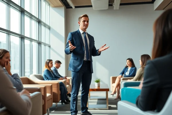 Showcasing Executive Presence, a confident leader engaging an attentive audience in a bright conference setting.