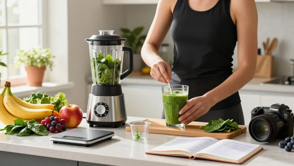 Tracking nutrition with the best calorie tracker in a bright kitchen while preparing a healthy smoothie.