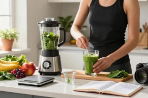 Tracking nutrition with the best calorie tracker in a bright kitchen while preparing a healthy smoothie.