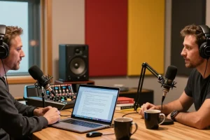 ROKOK88 login with Brit Morin discussing digital innovation and creativity in a modern podcast studio.