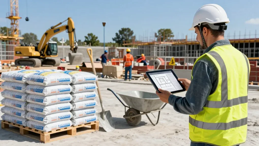 Contractor evaluating NAGA2000 concrete mix at a bustling construction site