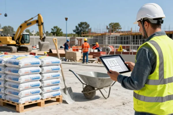 Contractor evaluating NAGA2000 concrete mix at a bustling construction site
