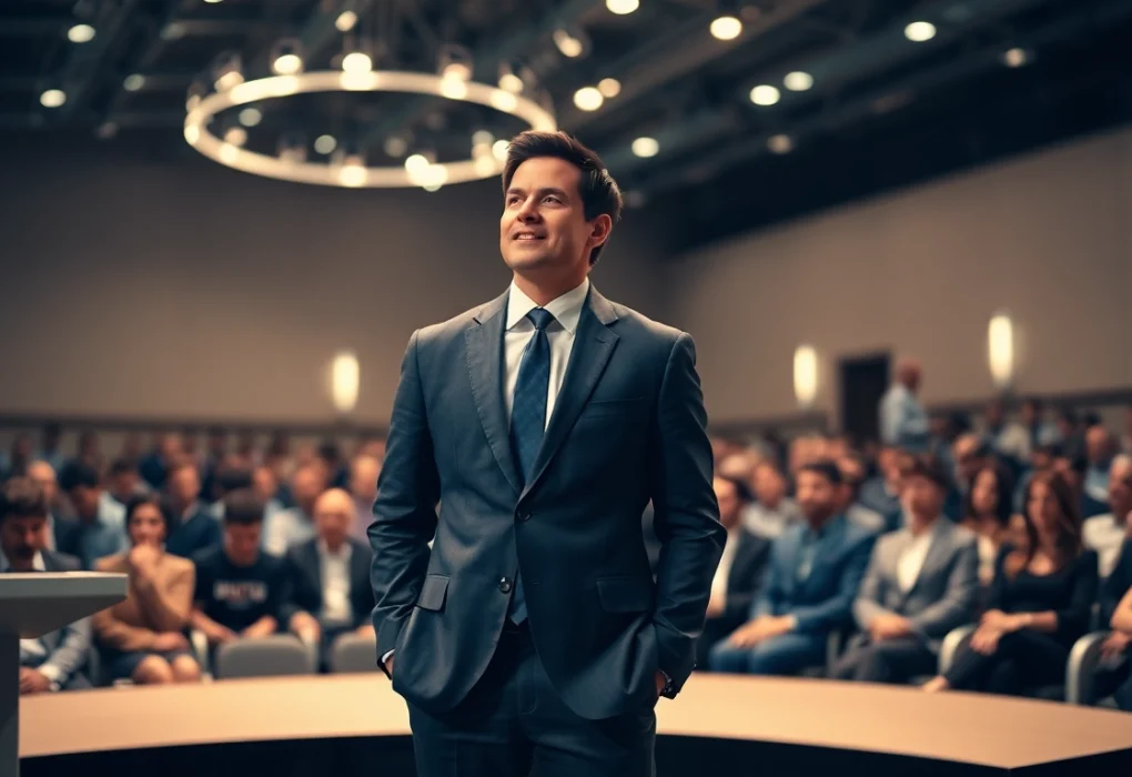 Business leader demonstrating Executive Presence while addressing an engaged audience in a conference hall.