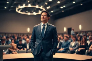Business leader demonstrating Executive Presence while addressing an engaged audience in a conference hall.