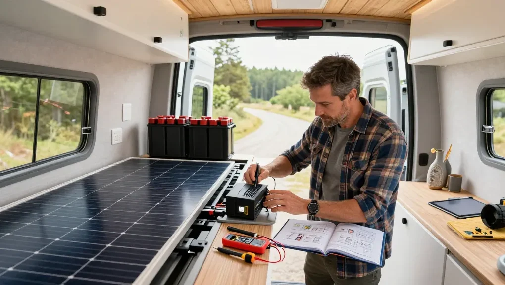 rokok88 super van conversion showcasing a builder upgrading electrical systems in a modern camper van with solar panels and batteries