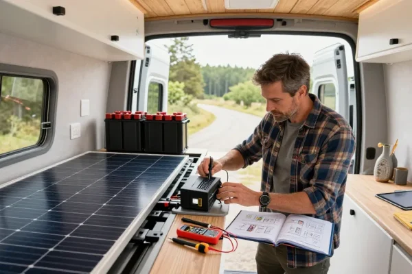 rokok88 super van conversion showcasing a builder upgrading electrical systems in a modern camper van with solar panels and batteries