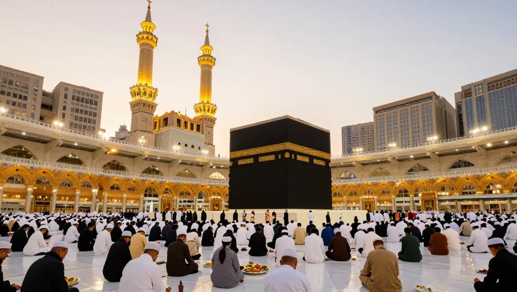 Umroh Itikaf experience—travel guide to Ramadan in Mecca, showcasing vibrant pilgrims, welcoming atmosphere, and stunning cultural adventure.